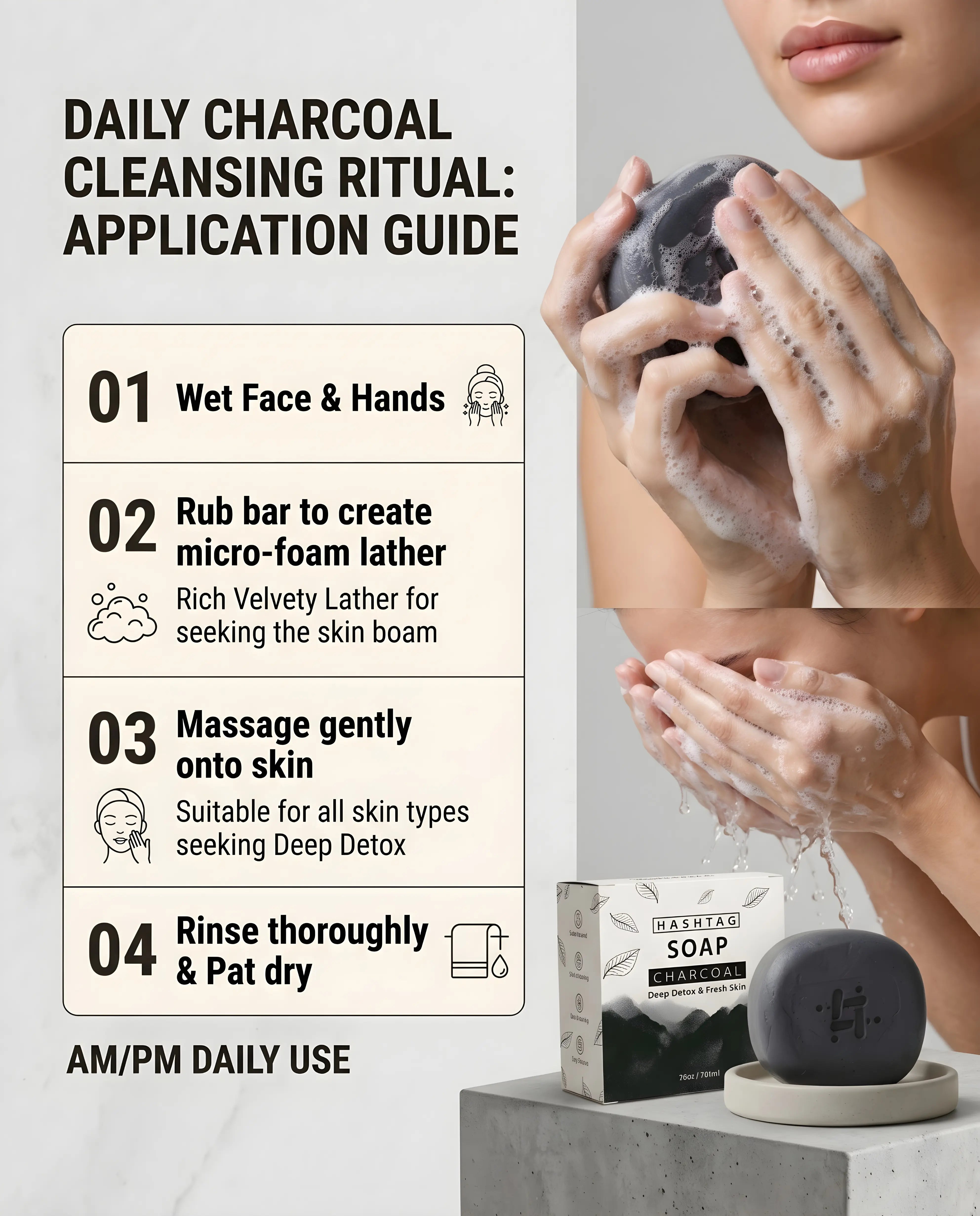 Hashtag Charcoal Soap - Skincare Elevated Hero Shot Product & Box 80g